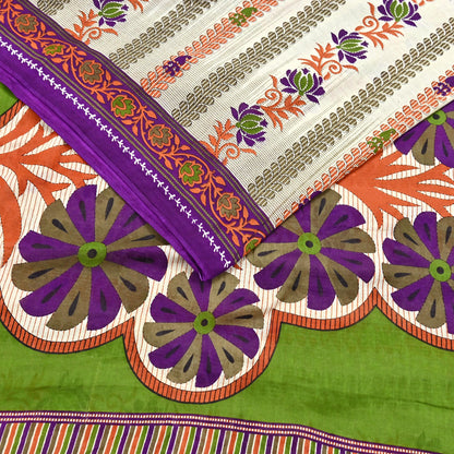 Indian Vintage Sari Ivory & Green Printed 100% Pure Cotton Sarees Craft Fabric 5Yd Sewing Sarong Wrap Boho Floral Dress Making Crafting Soft