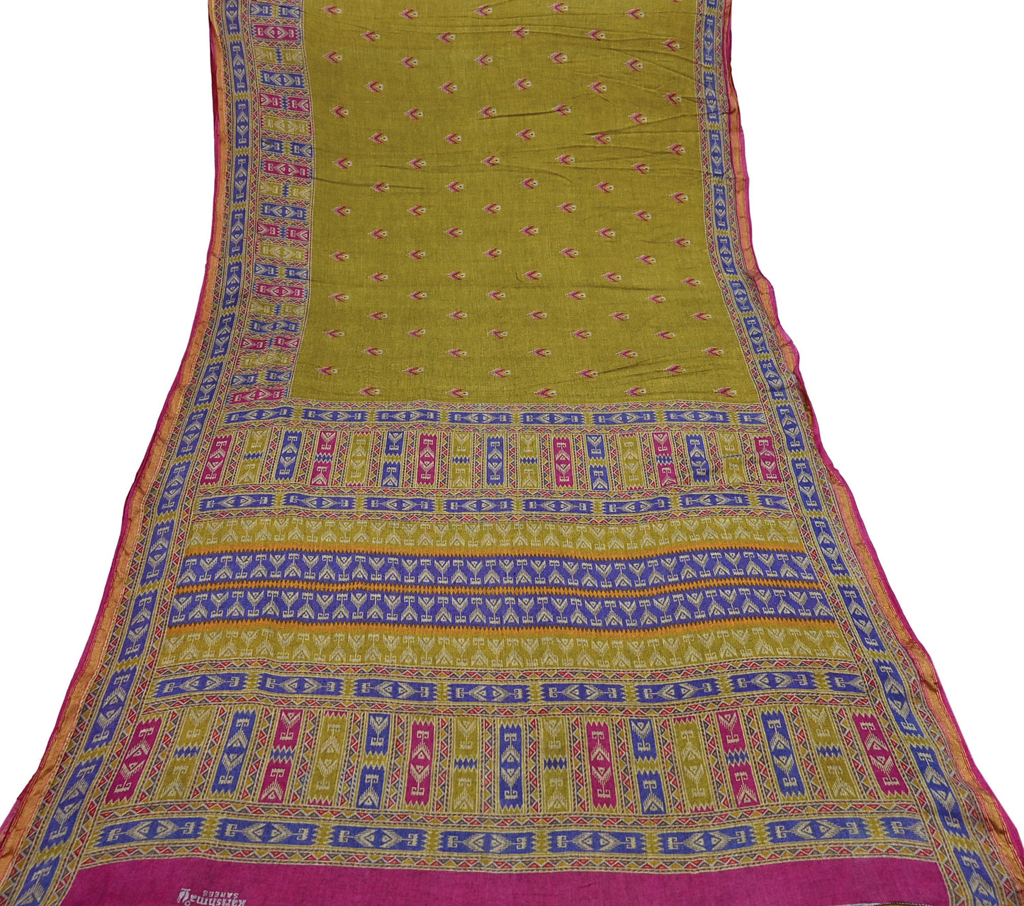 Indian Vintage Sari Green Printed Pure Cotton Sarees Craft Fabric Soft 5Yd Sewing Sarong Wrap Boho Floral Dress making Quilting Zari Border