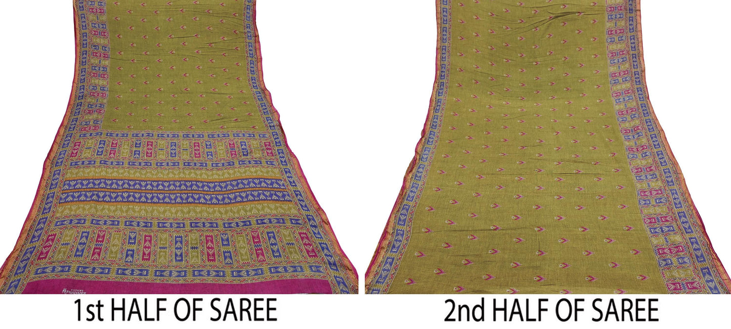 Indian Vintage Sari Green Printed Pure Cotton Sarees Craft Fabric Soft 5Yd Sewing Sarong Wrap Boho Floral Dress making Quilting Zari Border
