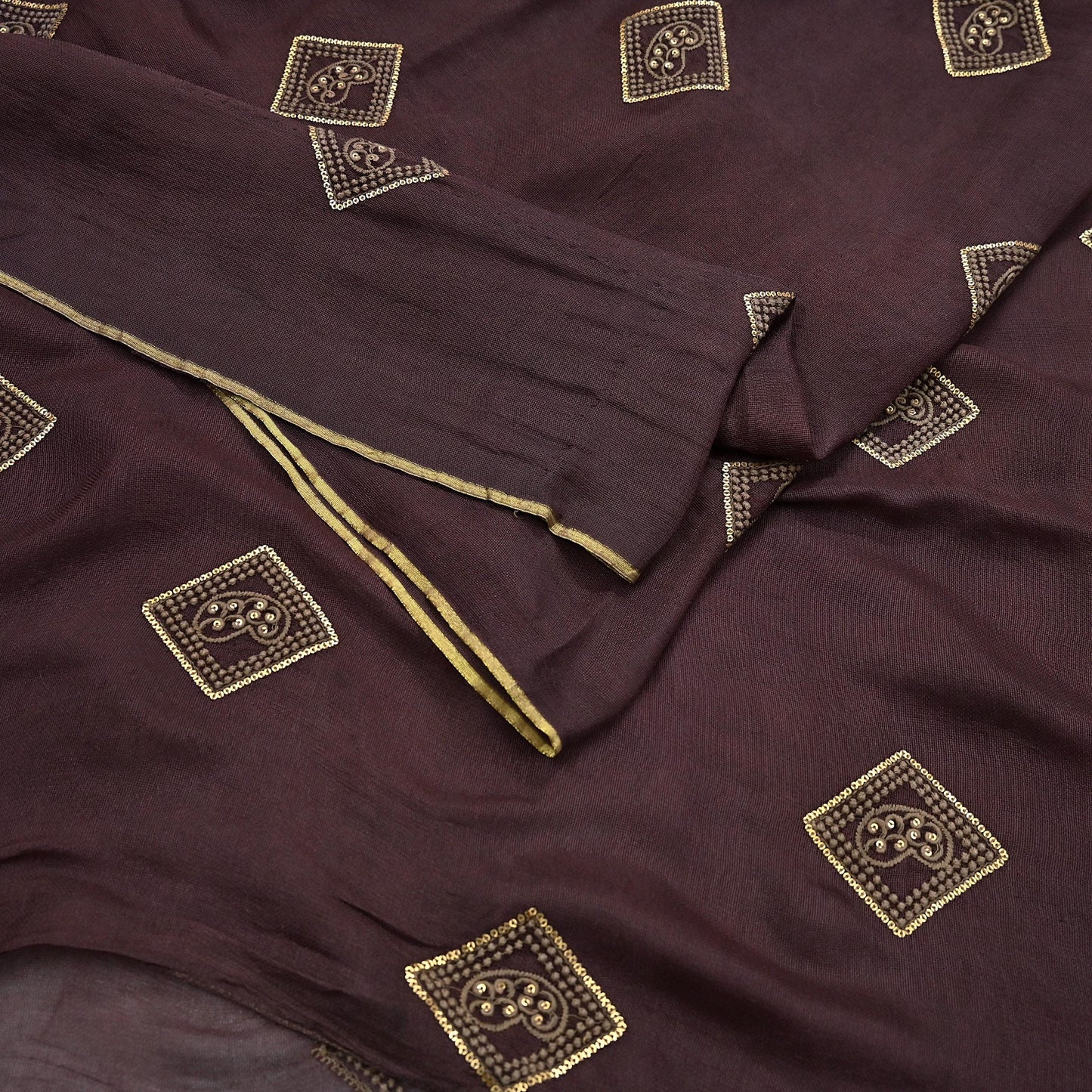 Indian Vintage Brown Saree Embroidered Cotton Blend Sari 6Yard Craft Fabric for Dressmaking, Quilting & Upcycling