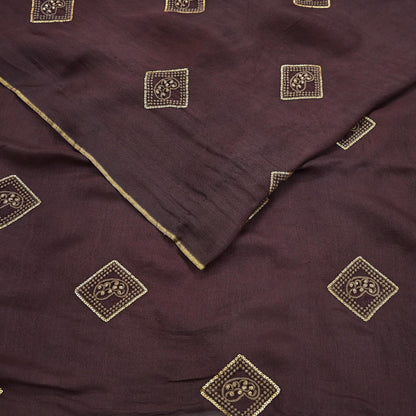 Indian Vintage Brown Saree Embroidered Cotton Blend Sari 6Yard Craft Fabric for Dressmaking, Quilting & Upcycling
