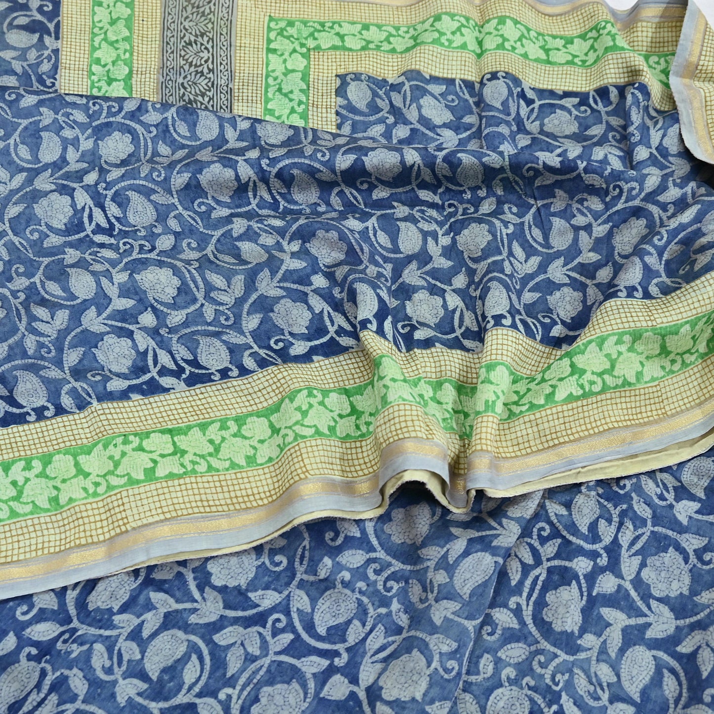 Indian Vintage Sari Blue chanderi Silk Bagru Printed Saree 5Yd Fabric Floral Soft Zari Border Ethnic Upcycle Crafting Dress making