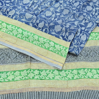 Indian Vintage Sari Blue chanderi Silk Bagru Printed Saree 5Yd Fabric Floral Soft Zari Border Ethnic Upcycle Crafting Dress making