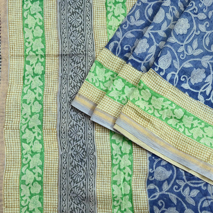 Indian Vintage Sari Blue chanderi Silk Bagru Printed Saree 5Yd Fabric Floral Soft Zari Border Ethnic Upcycle Crafting Dress making