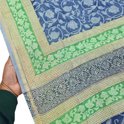 Indian Vintage Sari Blue chanderi Silk Bagru Printed Saree 5Yd Fabric Floral Soft Zari Border Ethnic Upcycle Crafting Dress making