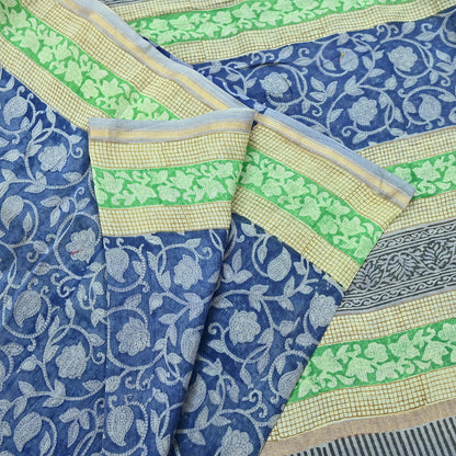 Indian Vintage Sari Blue chanderi Silk Bagru Printed Saree 5Yd Fabric Floral Soft Zari Border Ethnic Upcycle Crafting Dress making