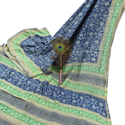 Indian Vintage Sari Blue chanderi Silk Bagru Printed Saree 5Yd Fabric Floral Soft Zari Border Ethnic Upcycle Crafting Dress making
