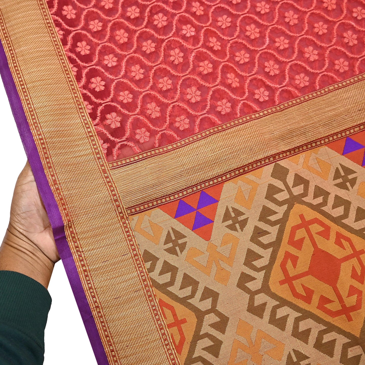 Indian Vintage Sarees Red Pure Organza Silk Hand Woven Sari 5yd Ethnic Floral Craft Fabric Dress making Upcycle Crafting Quilting Zari