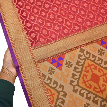Indian Vintage Sarees Red Pure Organza Silk Hand Woven Sari 5yd Ethnic Floral Craft Fabric Dress making Upcycle Crafting Quilting Zari