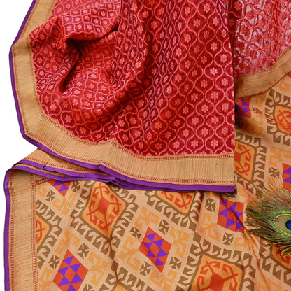 Indian Vintage Sarees Red Pure Organza Silk Hand Woven Sari 5yd Ethnic Floral Craft Fabric Dress making Upcycle Crafting Quilting Zari