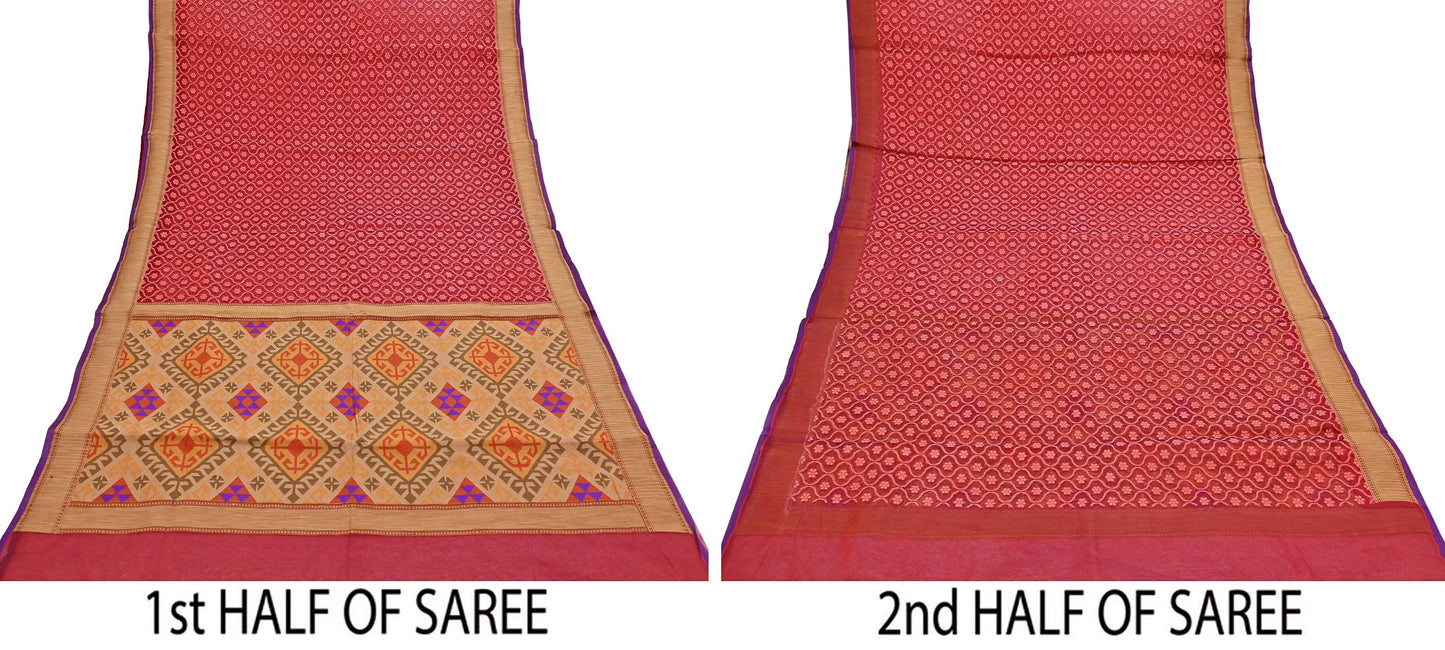 Indian Vintage Sarees Red Pure Organza Silk Hand Woven Sari 5yd Ethnic Floral Craft Fabric Dress making Upcycle Crafting Quilting Zari