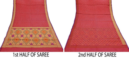 Indian Vintage Sarees Red Pure Organza Silk Hand Woven Sari 5yd Ethnic Floral Craft Fabric Dress making Upcycle Crafting Quilting Zari
