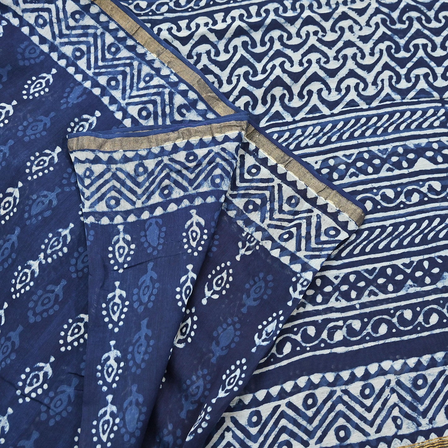 Indian Vintage Sari Blue Pure chanderi Silk Bagru Printed Sarees Fabric 5Yd Floral Soft Golden Zari Border Ethnic Dress making Upcycle