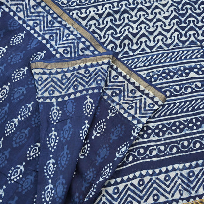 Indian Vintage Sari Blue Pure chanderi Silk Bagru Printed Sarees Fabric 5Yd Floral Soft Golden Zari Border Ethnic Dress making Upcycle