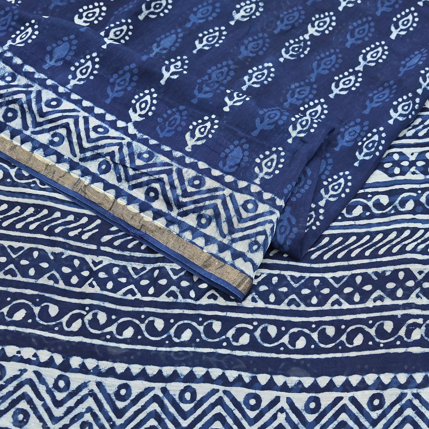 Indian Vintage Sari Blue Pure chanderi Silk Bagru Printed Sarees Fabric 5Yd Floral Soft Golden Zari Border Ethnic Dress making Upcycle