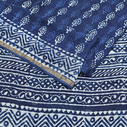 Indian Vintage Sari Blue Pure chanderi Silk Bagru Printed Sarees Fabric 5Yd Floral Soft Golden Zari Border Ethnic Dress making Upcycle