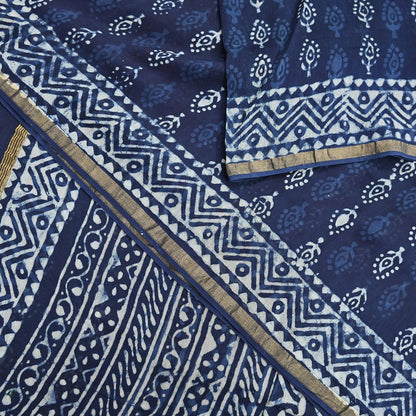 Indian Vintage Sari Blue Pure chanderi Silk Bagru Printed Sarees Fabric 5Yd Floral Soft Golden Zari Border Ethnic Dress making Upcycle