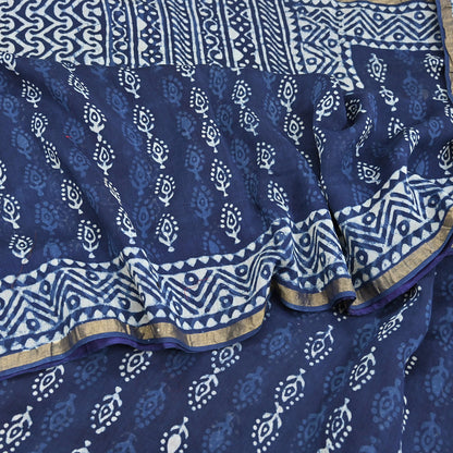 Indian Vintage Sari Blue Pure chanderi Silk Bagru Printed Sarees Fabric 5Yd Floral Soft Golden Zari Border Ethnic Dress making Upcycle