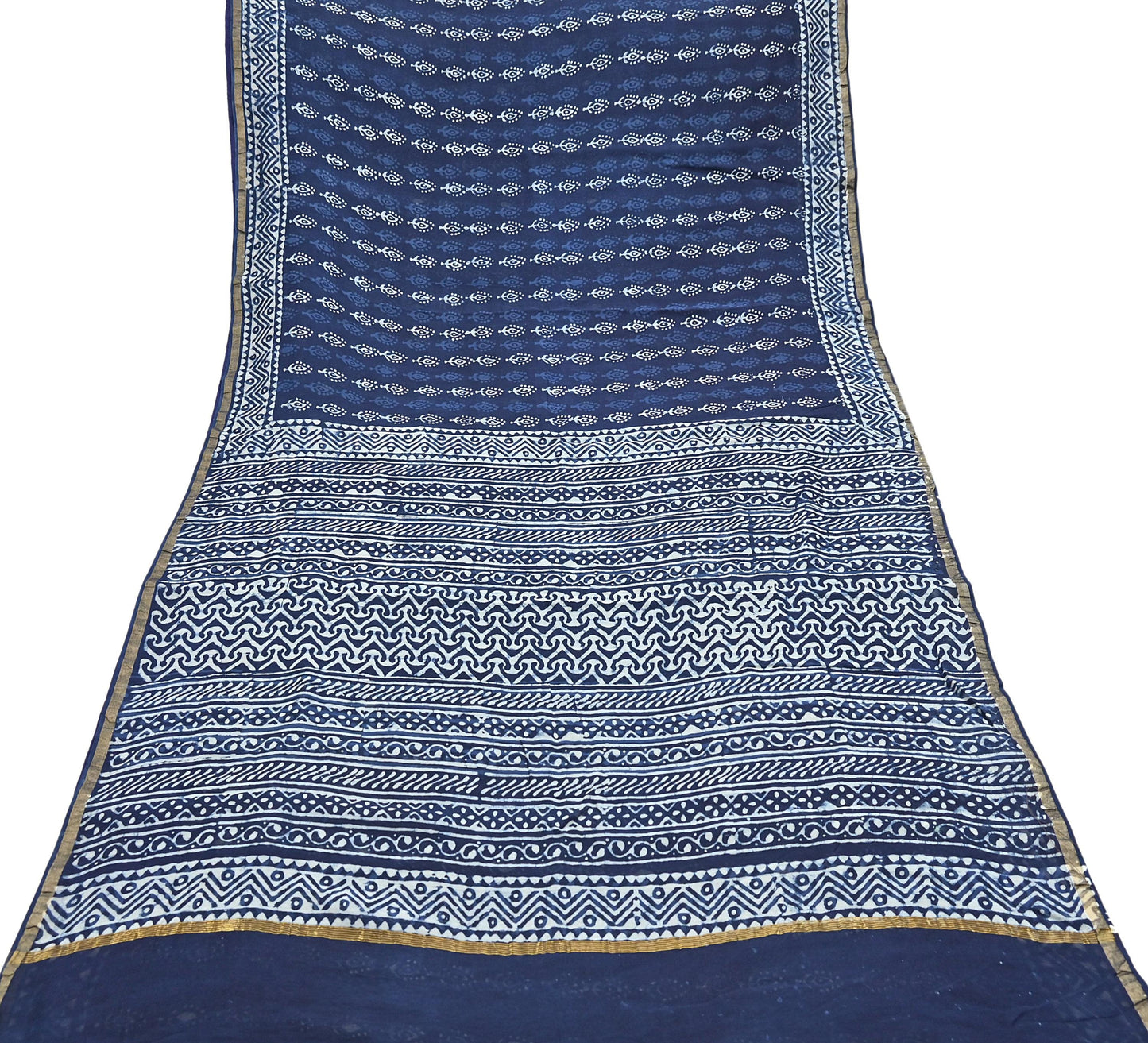 Indian Vintage Sari Blue Pure chanderi Silk Bagru Printed Sarees Fabric 5Yd Floral Soft Golden Zari Border Ethnic Dress making Upcycle