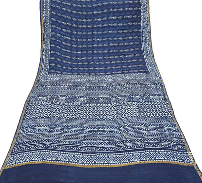 Indian Vintage Sari Blue Pure chanderi Silk Bagru Printed Sarees Fabric 5Yd Floral Soft Golden Zari Border Ethnic Dress making Upcycle