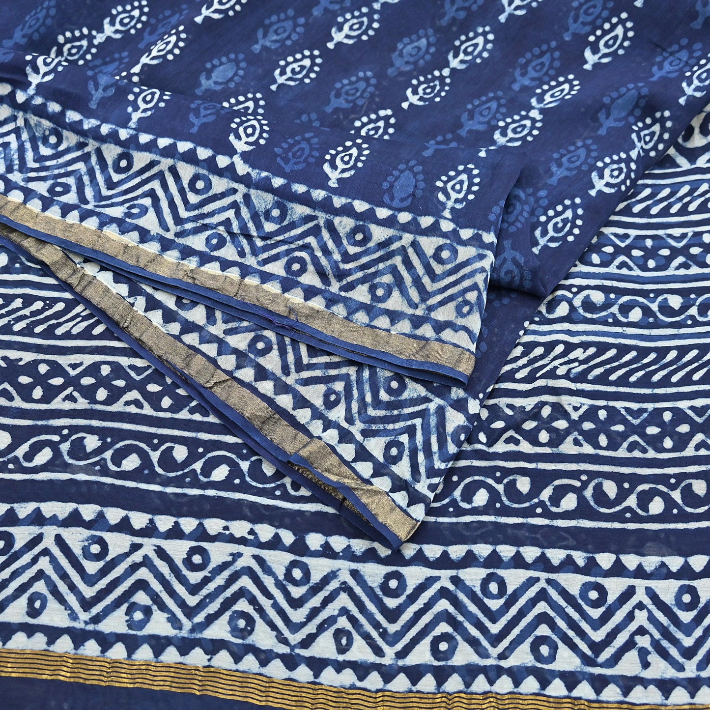 Indian Vintage Sari Blue Pure chanderi Silk Bagru Printed Sarees Fabric 5Yd Floral Soft Golden Zari Border Ethnic Dress making Upcycle
