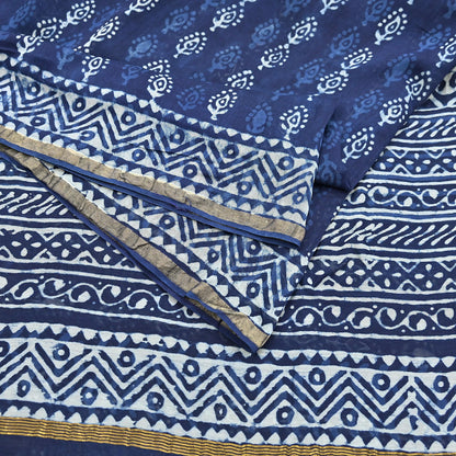 Indian Vintage Sari Blue Pure chanderi Silk Bagru Printed Sarees Fabric 5Yd Floral Soft Golden Zari Border Ethnic Dress making Upcycle