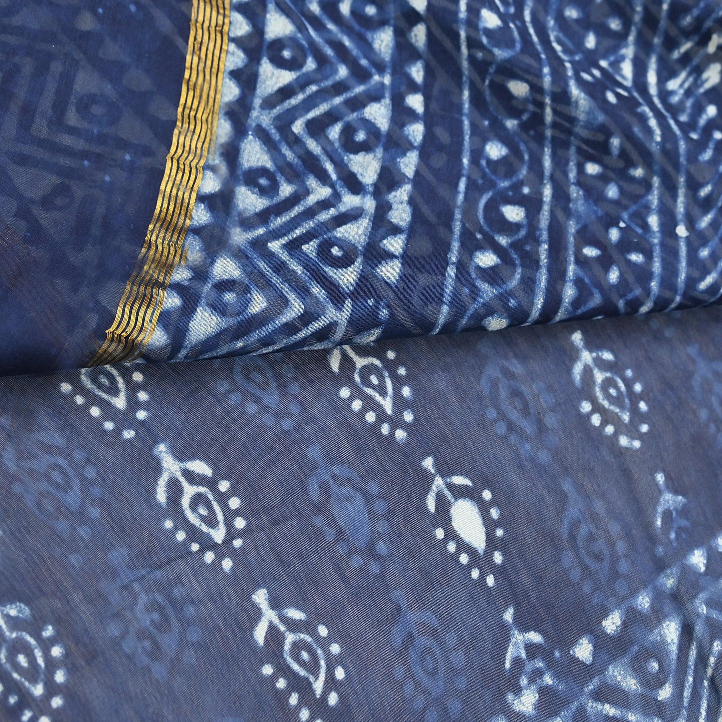 Indian Vintage Sari Blue Pure chanderi Silk Bagru Printed Sarees Fabric 5Yd Floral Soft Golden Zari Border Ethnic Dress making Upcycle