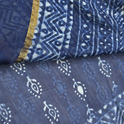 Indian Vintage Sari Blue Pure chanderi Silk Bagru Printed Sarees Fabric 5Yd Floral Soft Golden Zari Border Ethnic Dress making Upcycle