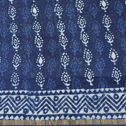 Indian Vintage Sari Blue Pure chanderi Silk Bagru Printed Sarees Fabric 5Yd Floral Soft Golden Zari Border Ethnic Dress making Upcycle