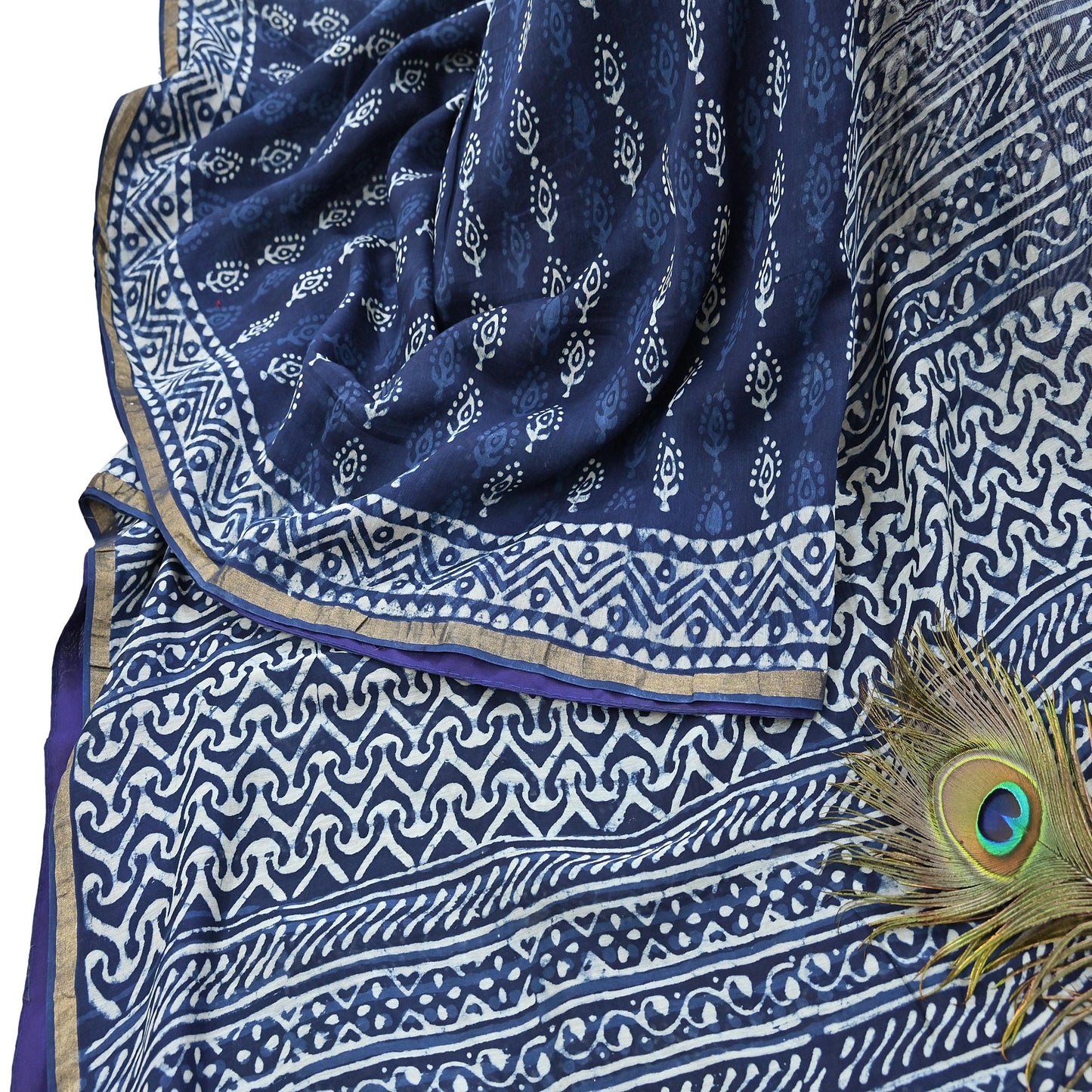 Indian Vintage Sari Blue Pure chanderi Silk Bagru Printed Sarees Fabric 5Yd Floral Soft Golden Zari Border Ethnic Dress making Upcycle