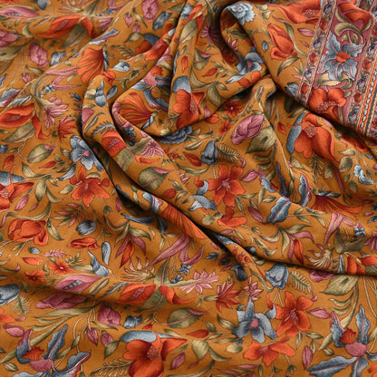 Indian Vintage Sari Mustard Pure Crepe Silk Printed Saree 5yard Sewing Quilting Floral Soft Craft Fabric Wrap