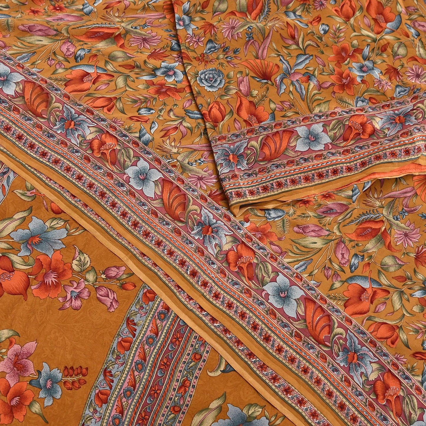 Indian Vintage Sari Mustard Pure Crepe Silk Printed Saree 5yard Sewing Quilting Floral Soft Craft Fabric Wrap