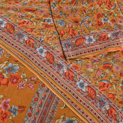 Indian Vintage Sari Mustard Pure Crepe Silk Printed Saree 5yard Sewing Quilting Floral Soft Craft Fabric Wrap
