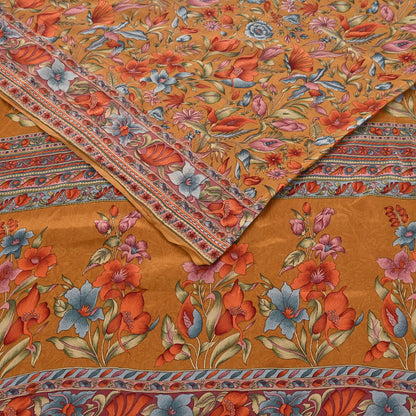 Indian Vintage Sari Mustard Pure Crepe Silk Printed Saree 5yard Sewing Quilting Floral Soft Craft Fabric Wrap