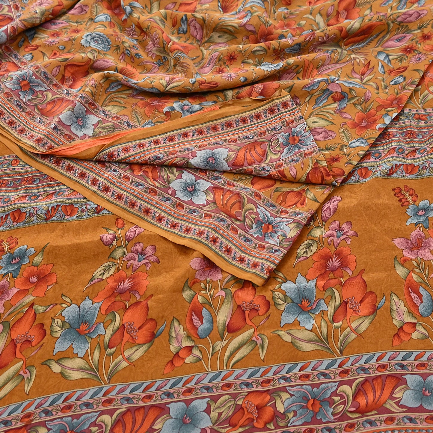 Indian Vintage Sari Mustard Pure Crepe Silk Printed Saree 5yard Sewing Quilting Floral Soft Craft Fabric Wrap