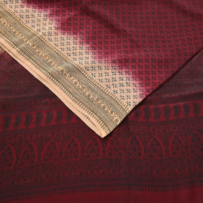 Indian Vintage Sari Maroon & beige Pure Crepe Silk Printed Saree 6yard Sewing Quilting Floral Soft Craft Fabric Wrap