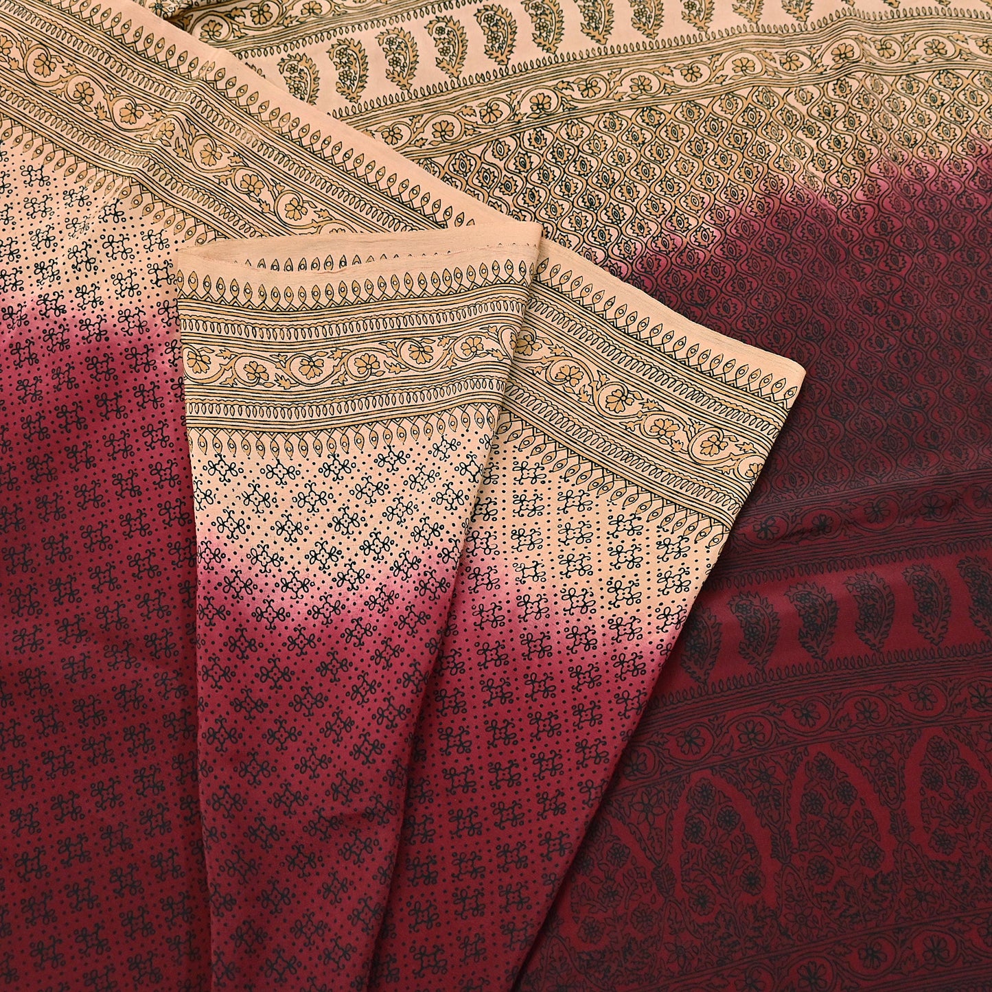 Indian Vintage Sari Maroon & beige Pure Crepe Silk Printed Saree 6yard Sewing Quilting Floral Soft Craft Fabric Wrap