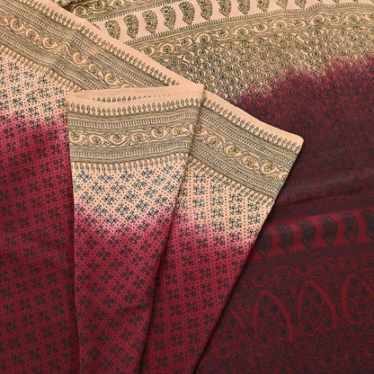 Indian Vintage Sari Maroon & beige Pure Crepe Silk Printed Saree 6yard Sewing Quilting Floral Soft Craft Fabric Wrap