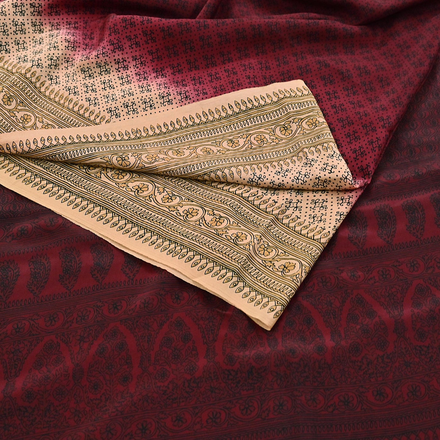 Indian Vintage Sari Maroon & beige Pure Crepe Silk Printed Saree 6yard Sewing Quilting Floral Soft Craft Fabric Wrap
