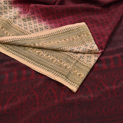 Indian Vintage Sari Maroon & beige Pure Crepe Silk Printed Saree 6yard Sewing Quilting Floral Soft Craft Fabric Wrap
