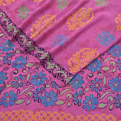 Indian Vintage Sari Pink Pure Georgette Silk Printed Saree Craft Fabric Sewing 5Yd Soft Light Dress Making Crafting Quilting Upcycle