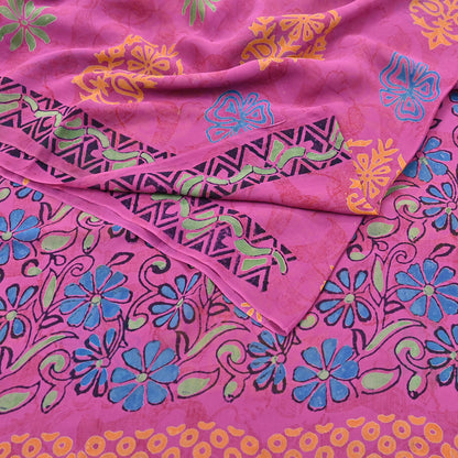 Indian Vintage Sari Pink Pure Georgette Silk Printed Saree Craft Fabric Sewing 5Yd Soft Light Dress Making Crafting Quilting Upcycle