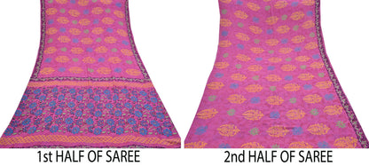 Indian Vintage Sari Pink Pure Georgette Silk Printed Saree Craft Fabric Sewing 5Yd Soft Light Dress Making Crafting Quilting Upcycle
