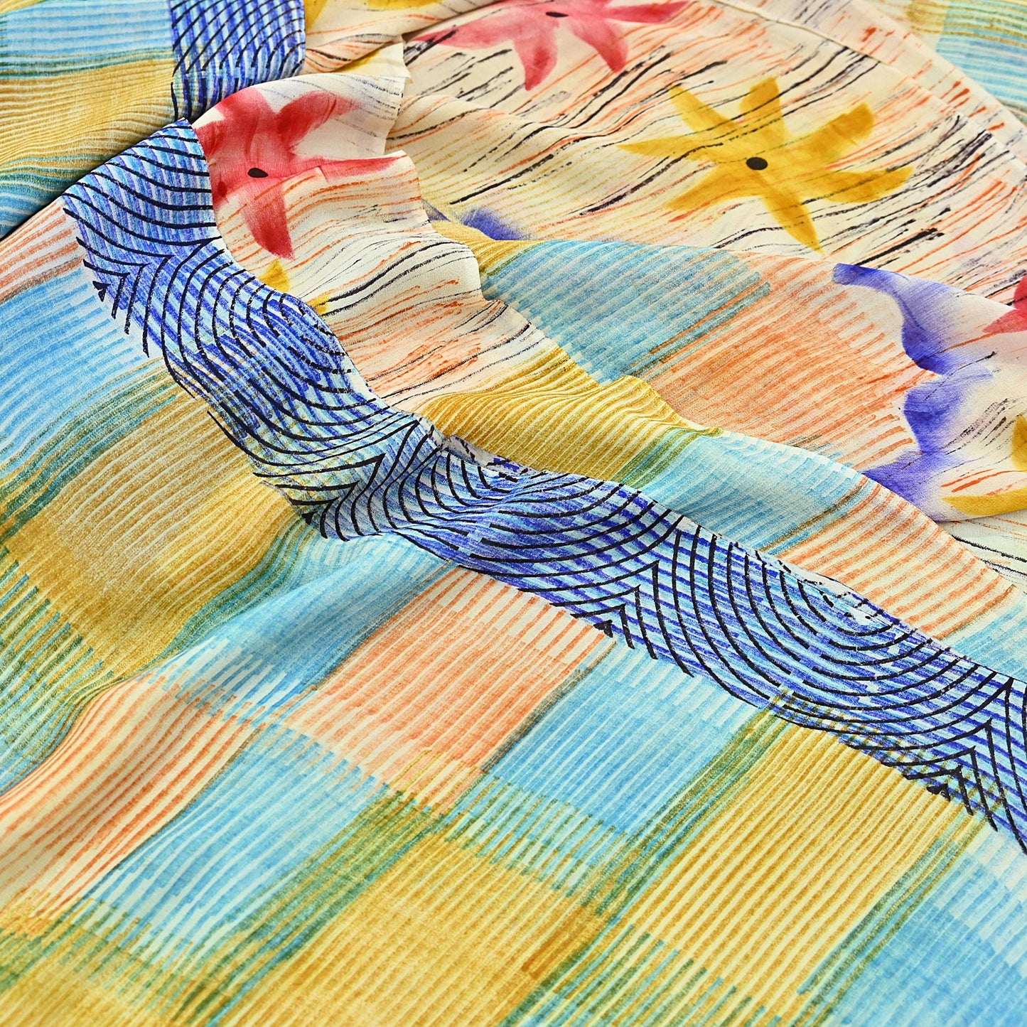 Indian Vintage Sari Ivory & Multi Pure Georgette Silk Printed Sarees 6Yd Craft Fabric Sewing Quilting Dress making Crafting Quilting Upcycle