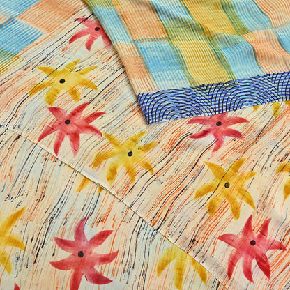 Indian Vintage Sari Ivory & Multi Pure Georgette Silk Printed Sarees 6Yd Craft Fabric Sewing Quilting Dress making Crafting Quilting Upcycle