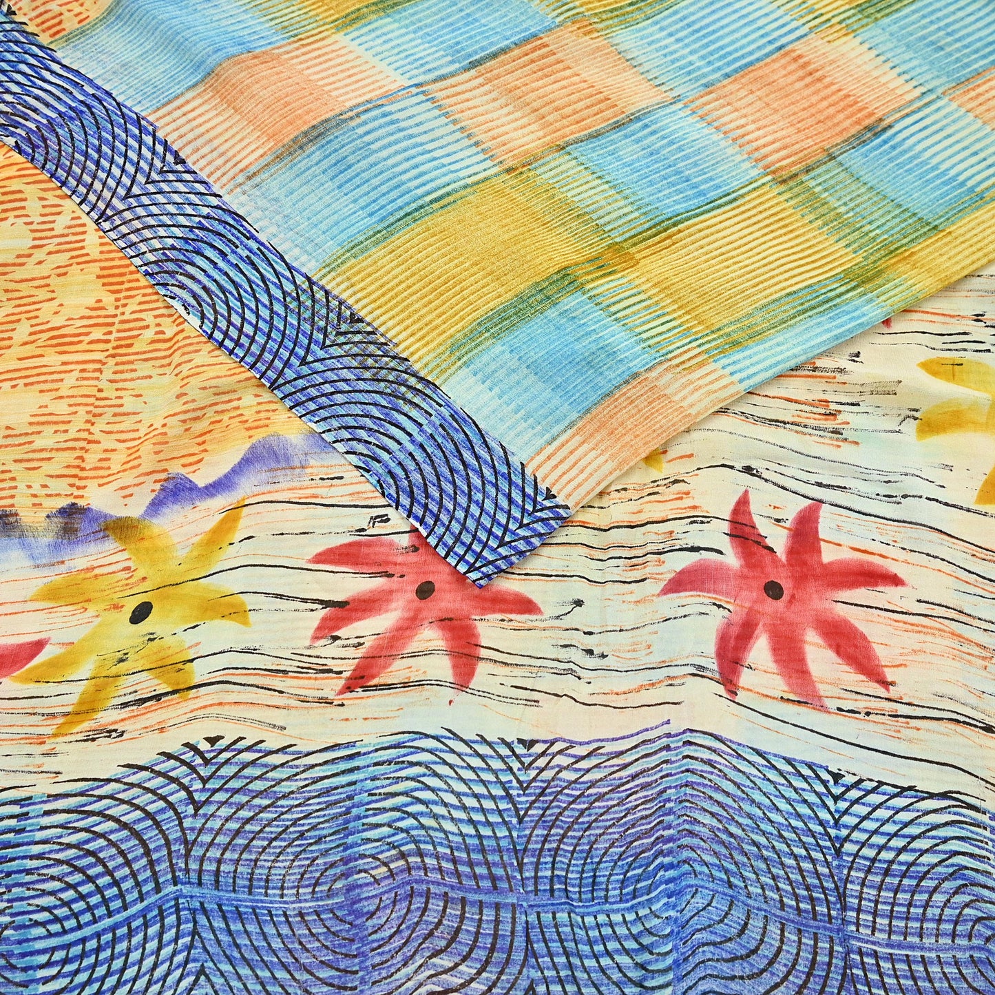 Indian Vintage Sari Ivory & Multi Pure Georgette Silk Printed Sarees 6Yd Craft Fabric Sewing Quilting Dress making Crafting Quilting Upcycle