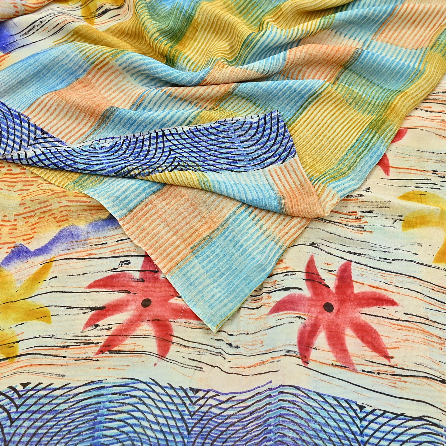 Indian Vintage Sari Ivory & Multi Pure Georgette Silk Printed Sarees 6Yd Craft Fabric Sewing Quilting Dress making Crafting Quilting Upcycle