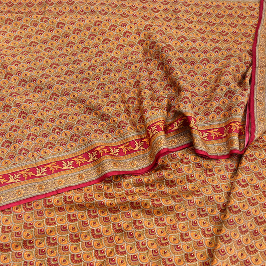 Indian Vintage Sari Red & Mustard Pure Silk Printed Saree Fabric 5yard Sewing Craft Fabric DressMaking Soft Wrap