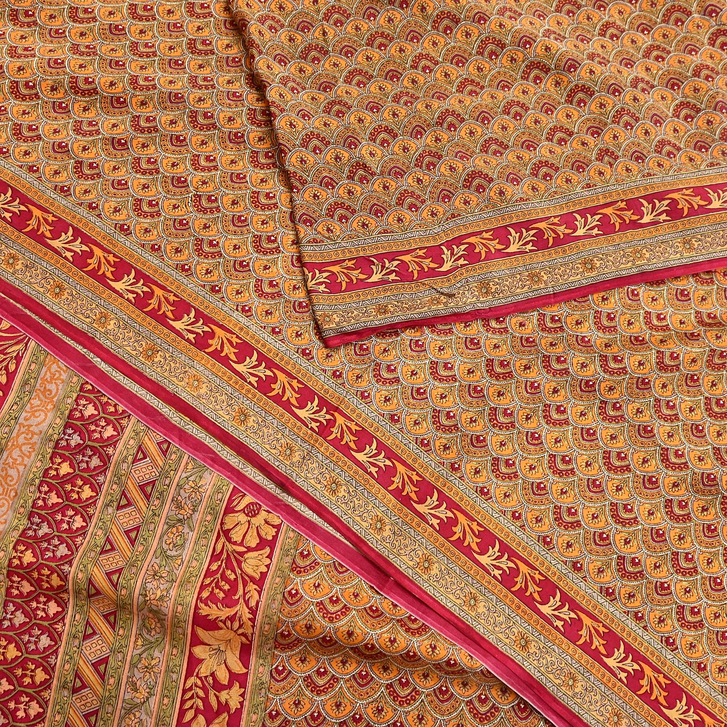 Indian Vintage Sari Red & Mustard Pure Silk Printed Saree Fabric 5yard Sewing Craft Fabric DressMaking Soft Wrap