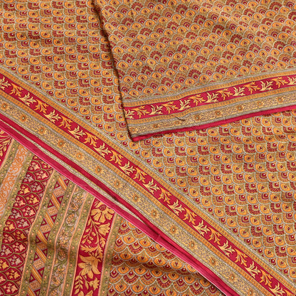 Indian Vintage Sari Red & Mustard Pure Silk Printed Saree Fabric 5yard Sewing Craft Fabric DressMaking Soft Wrap